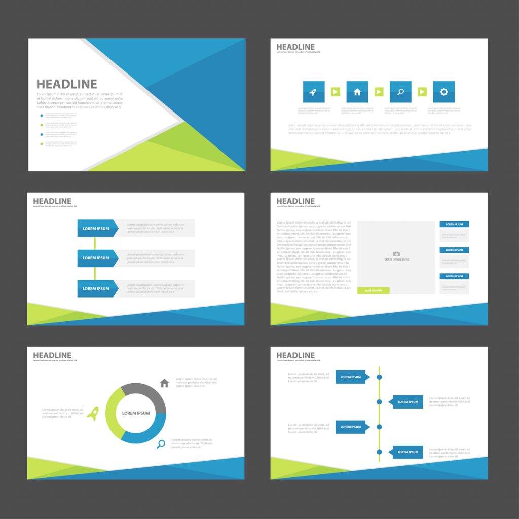 blue, green, and white PowerPoint design with graphs