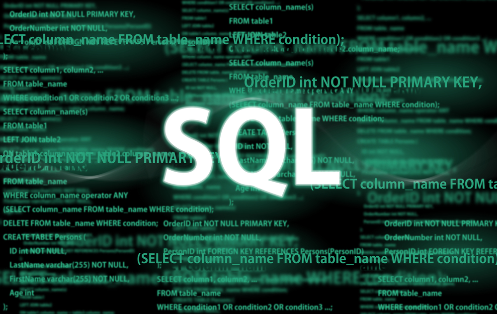 the word “SQL” with green code against a black background